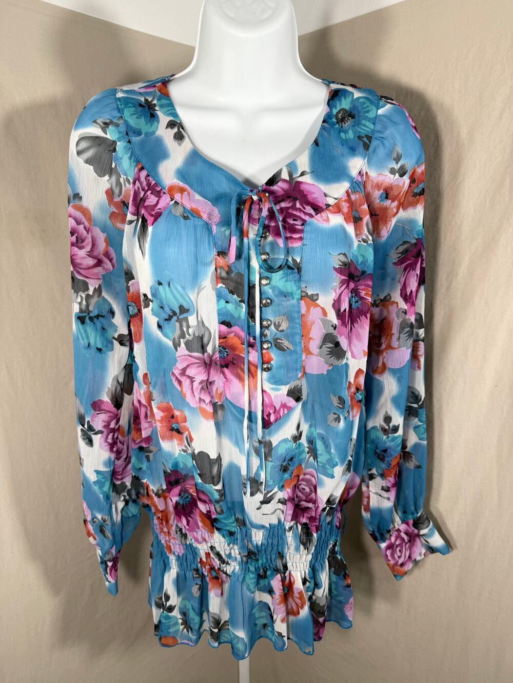Vintage Rampage Floral Chiffon Blouse Medium Blue Pink Smocked Waist Y2K